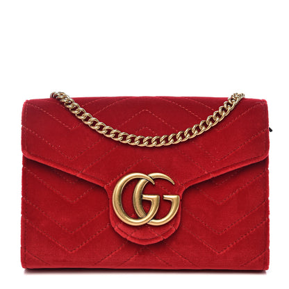 Gucci Velvet Matelasse GG Marmont Chain Wallet Hibiscus Red 1 of 10