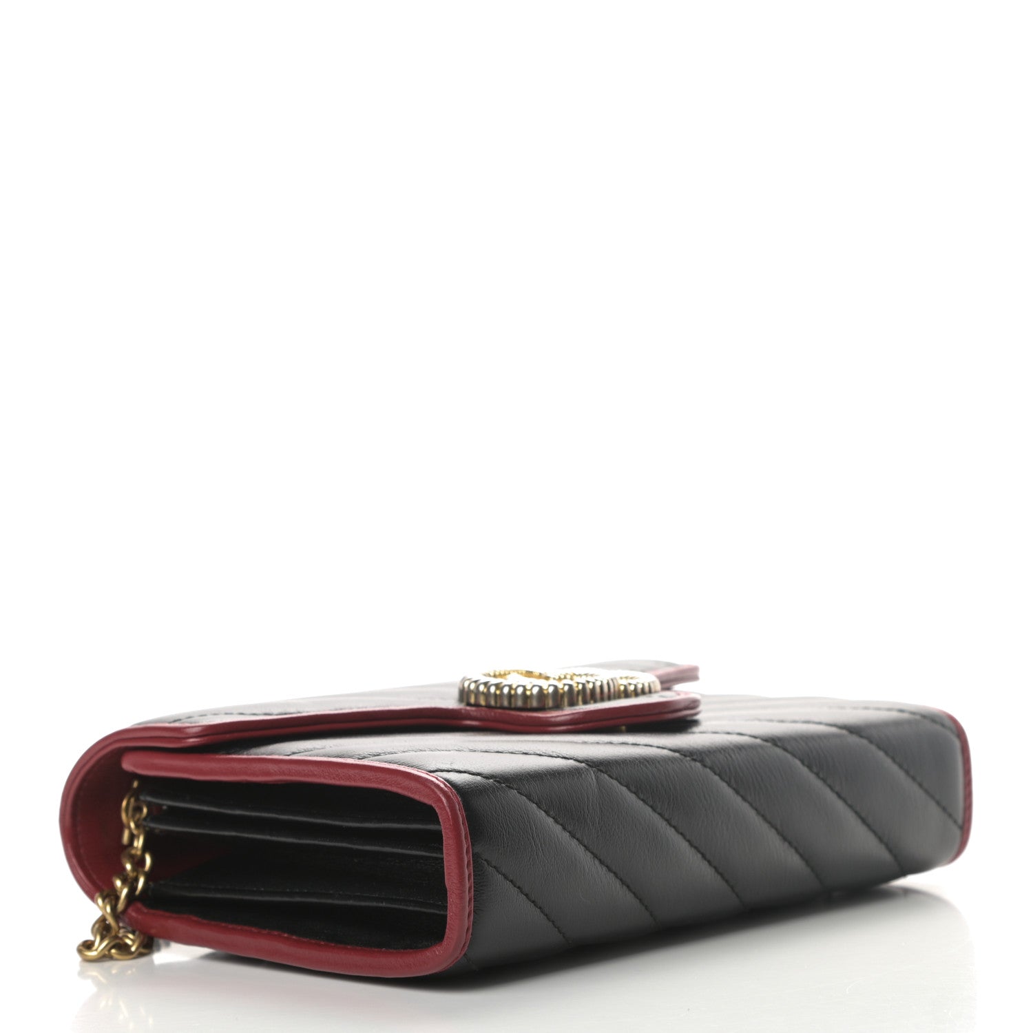Gucci Vintage Effect Calfskin Matelasse Diagonal Torchon GG Marmont Chain Wallet Black Romantic Cherry 4 of 10