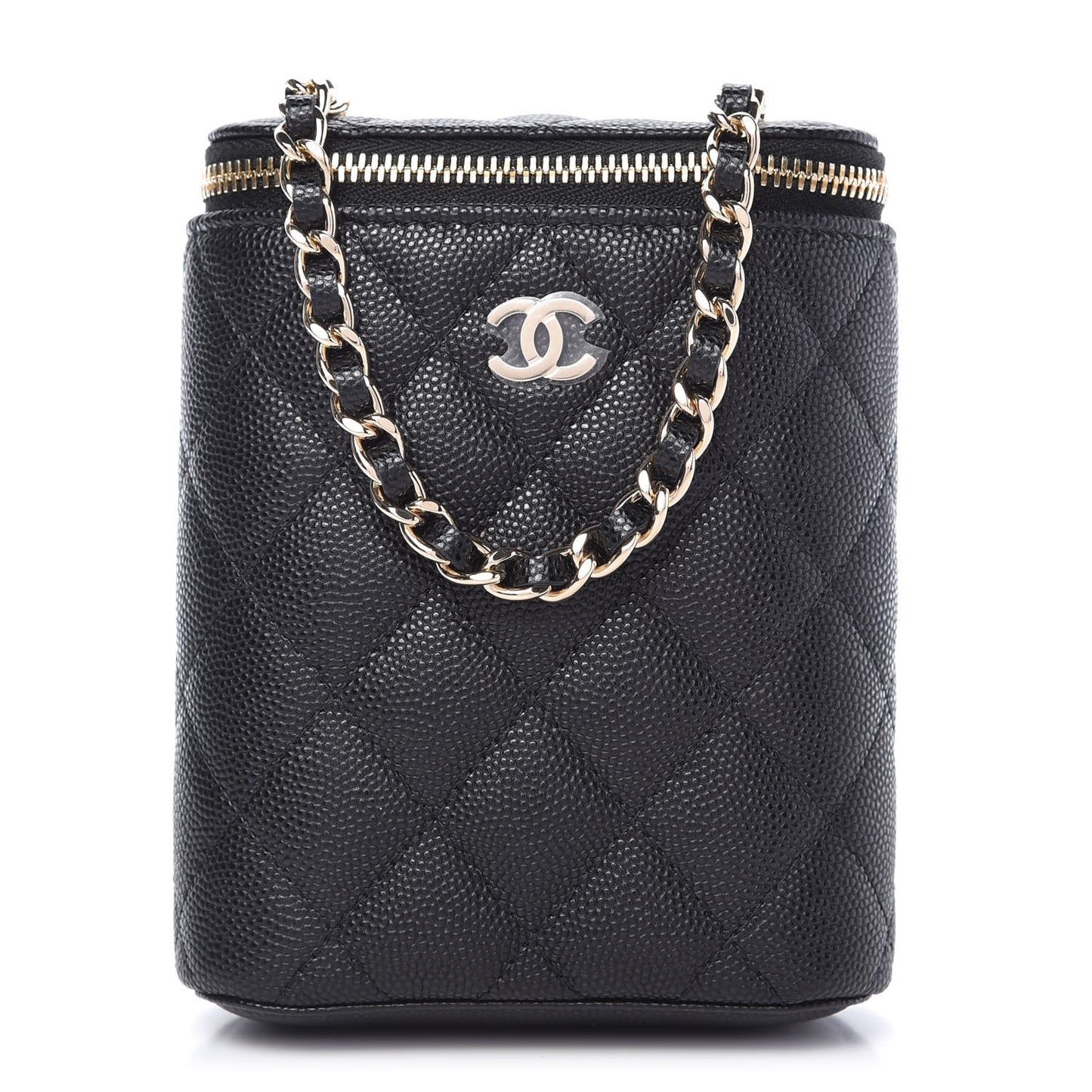 Caviar Quilted Small Vertical Coco Beauty Vanity Case With Chain Black