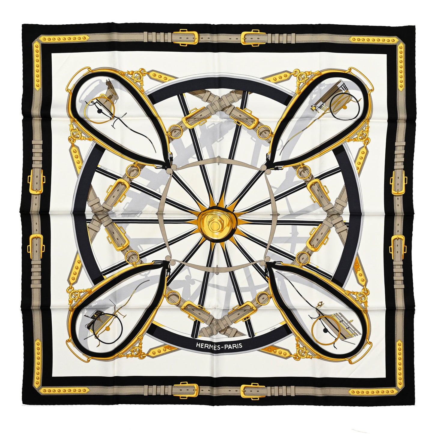 Silk En Roue Libre Scarf 90 White Black Gold