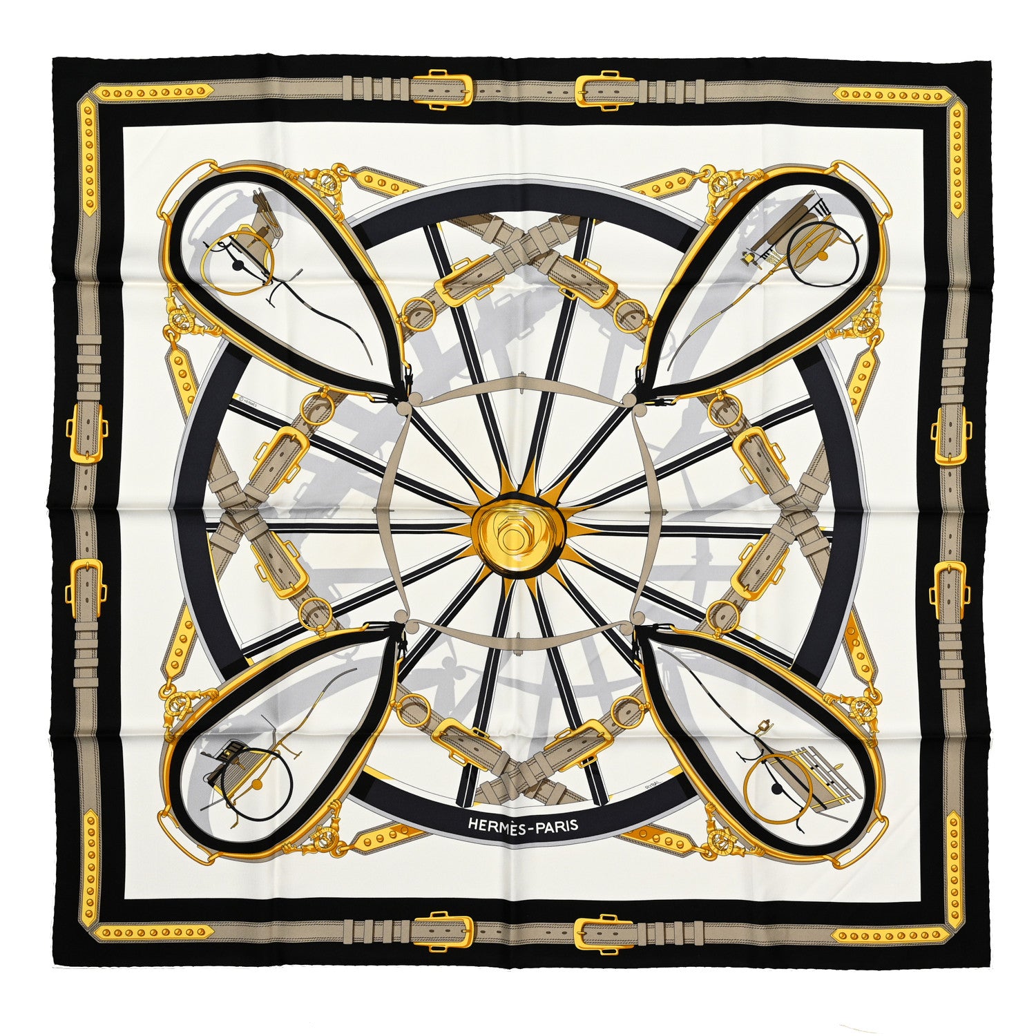 Hermes Silk En Roue Libre Scarf 90 White Black Gold 1 of 5