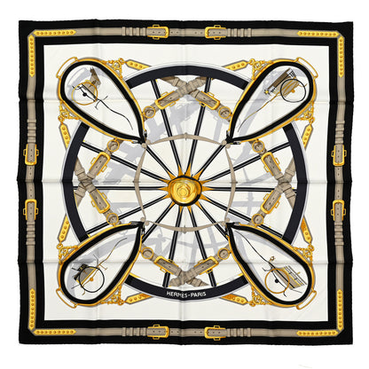 Hermes Silk En Roue Libre Scarf 90 White Black Gold 1 of 5