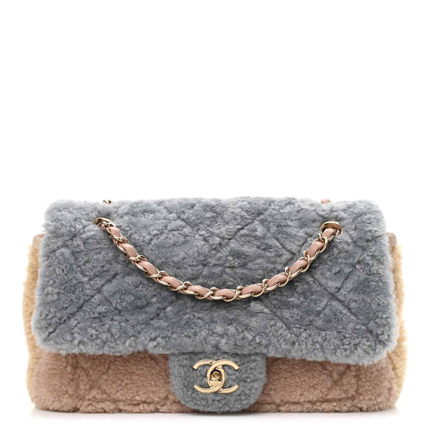Shearling Sheepskin Single Flap Gray Pink Beige