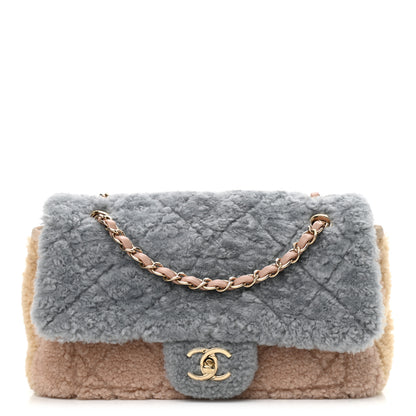 Chanel Shearling Sheepskin Single Flap Gray Pink Beige 1 of 14