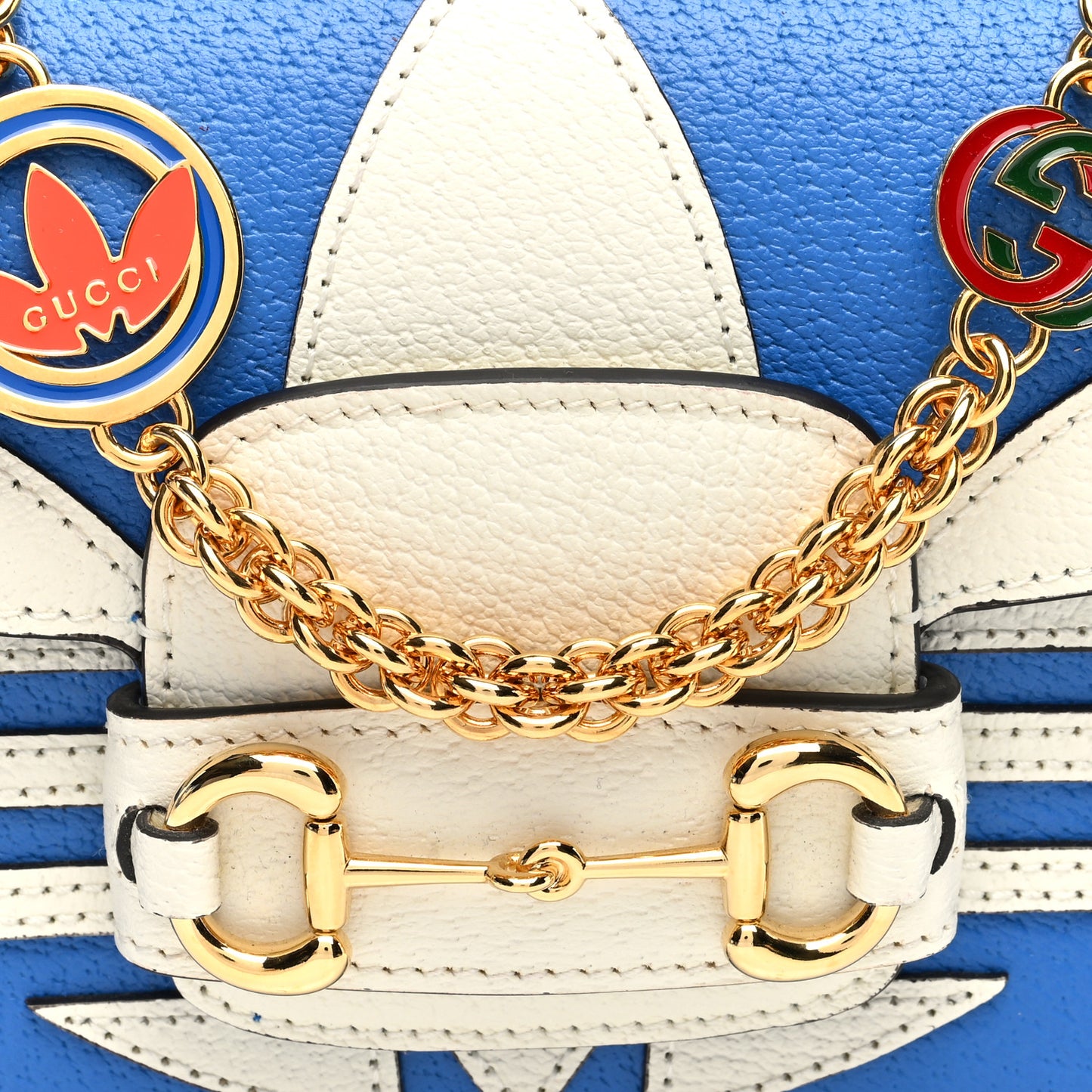 X ADIDAS Textured Dollar Calfskin Web Small Trefoil Horsebit 1955 Shoulder Bag Blue Off White