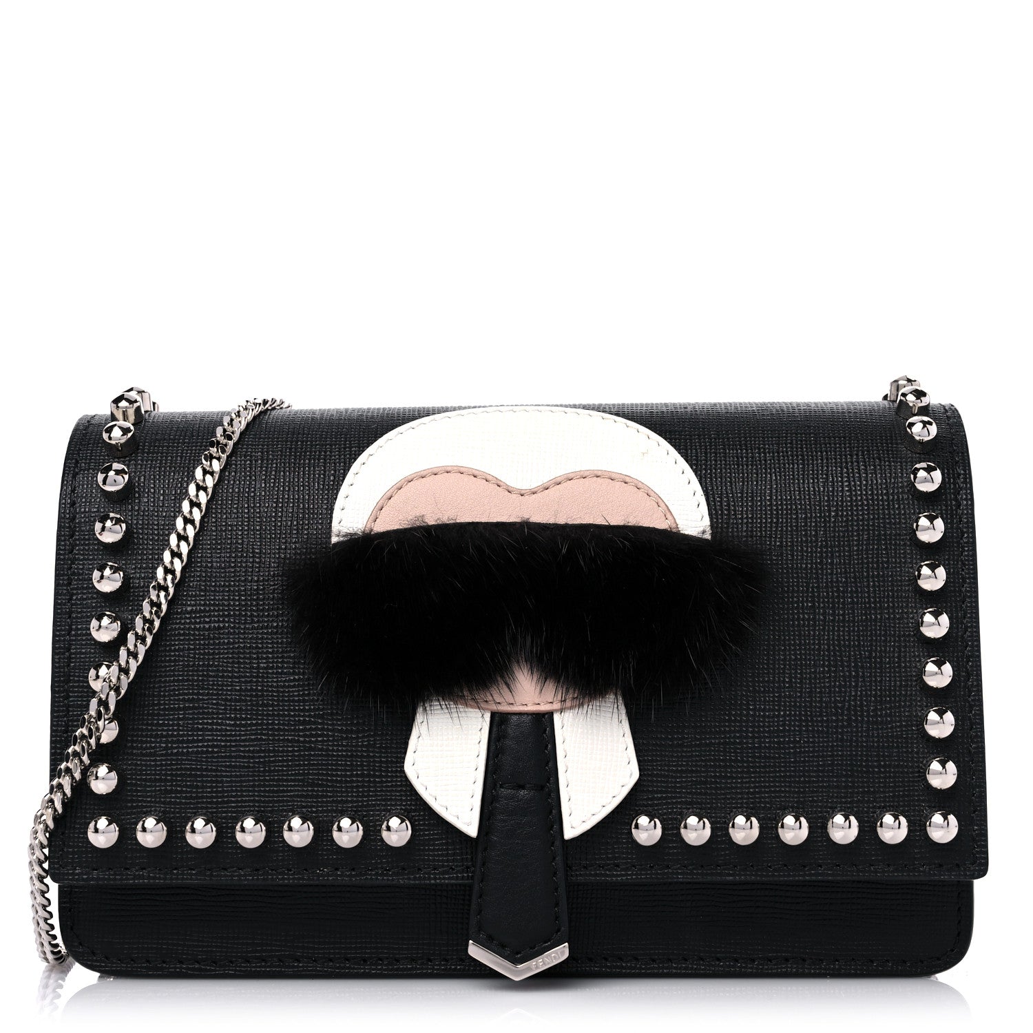 Fendi Vitello Elite Mink Fur Studded Karlito Tube Wallet on Chain Black 1 of 11