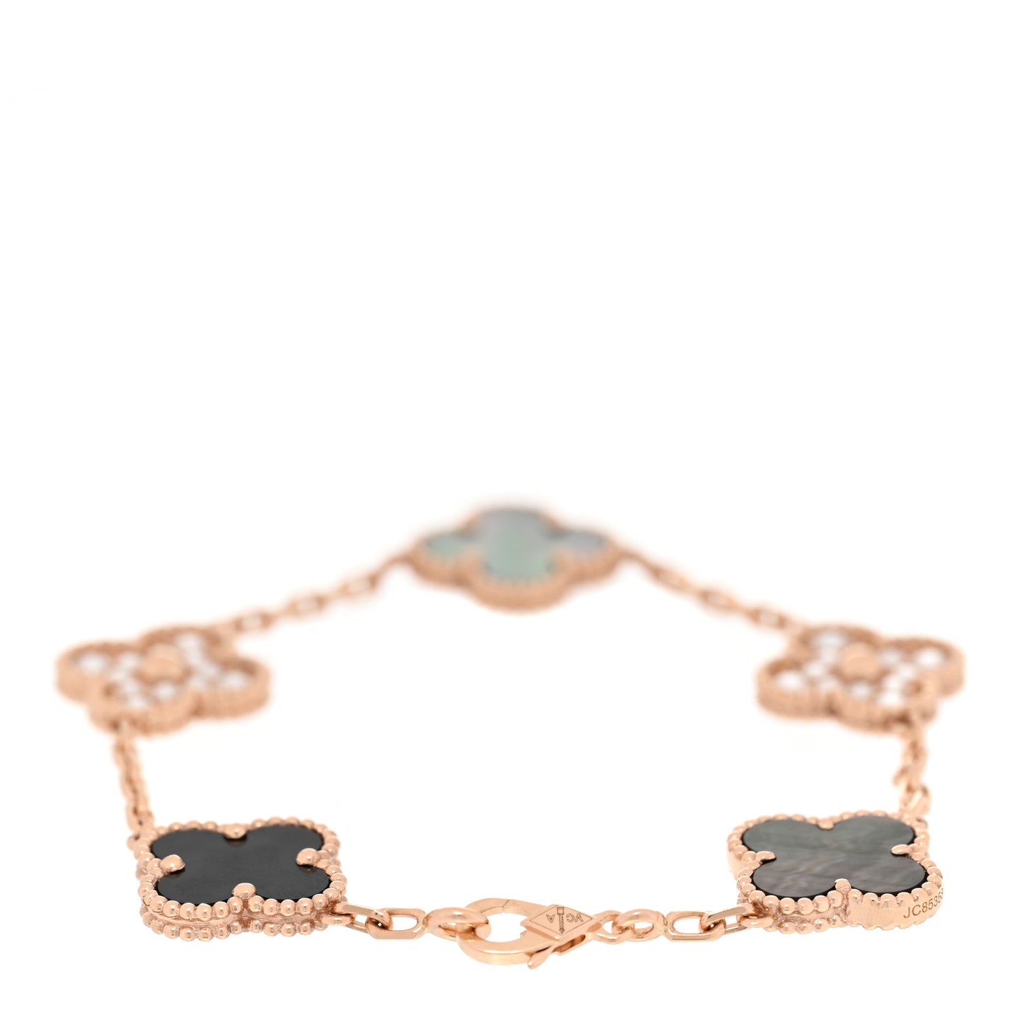 18K Rose Gold Diamond Gray Mother of Pearl 5 Motifs Vintage Alhambra Bracelet