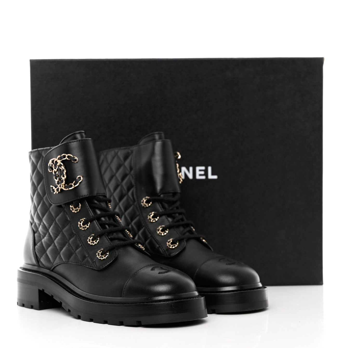 Shiny Lambskin Quilted Lace Up Combat Boots 38.5 Black