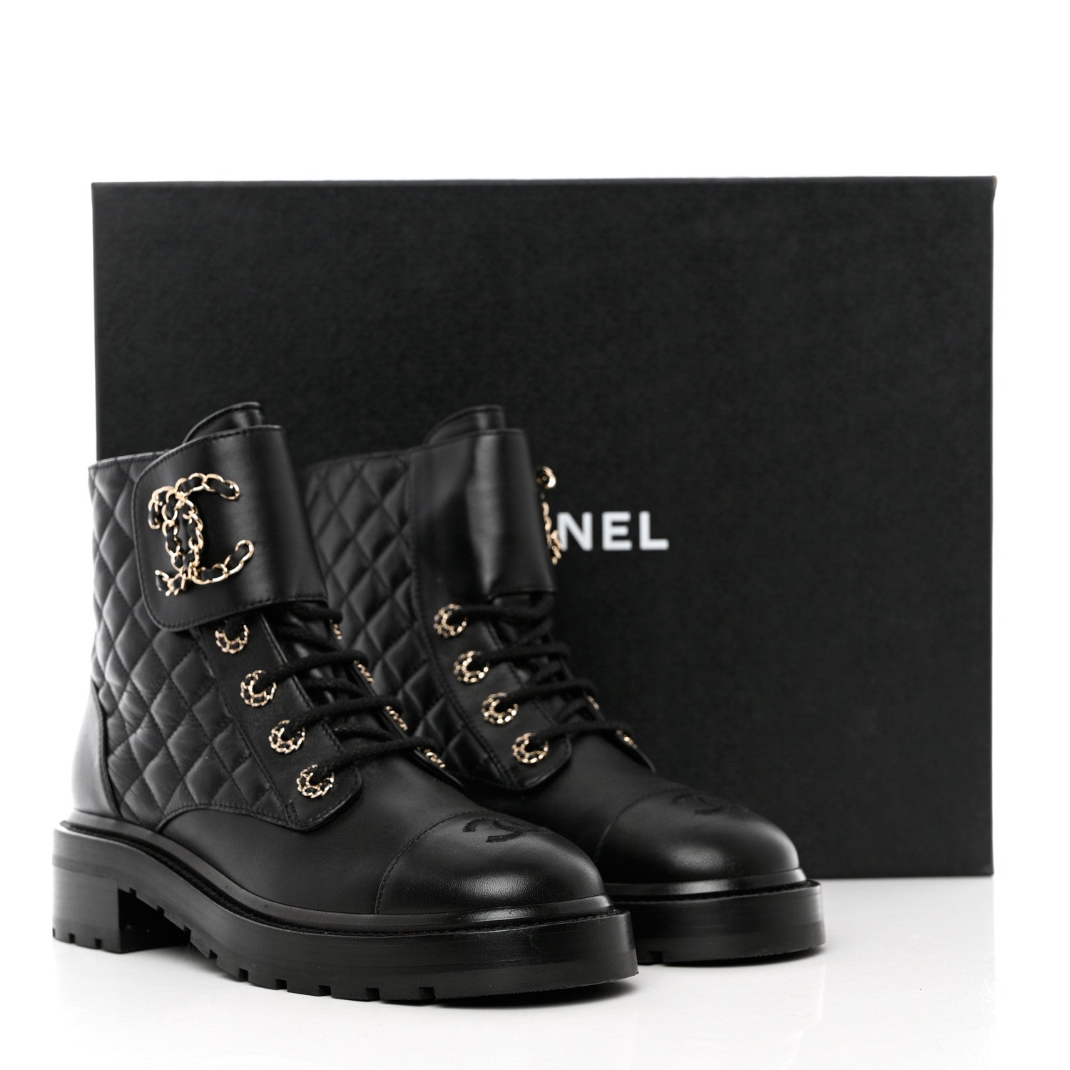 Chanel Shiny Lambskin Quilted Lace Up Combat Boots 38.5 Black 12 of 12