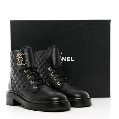 Chanel Shiny Lambskin Quilted Lace Up Combat Boots 38.5 Black 12 of 12