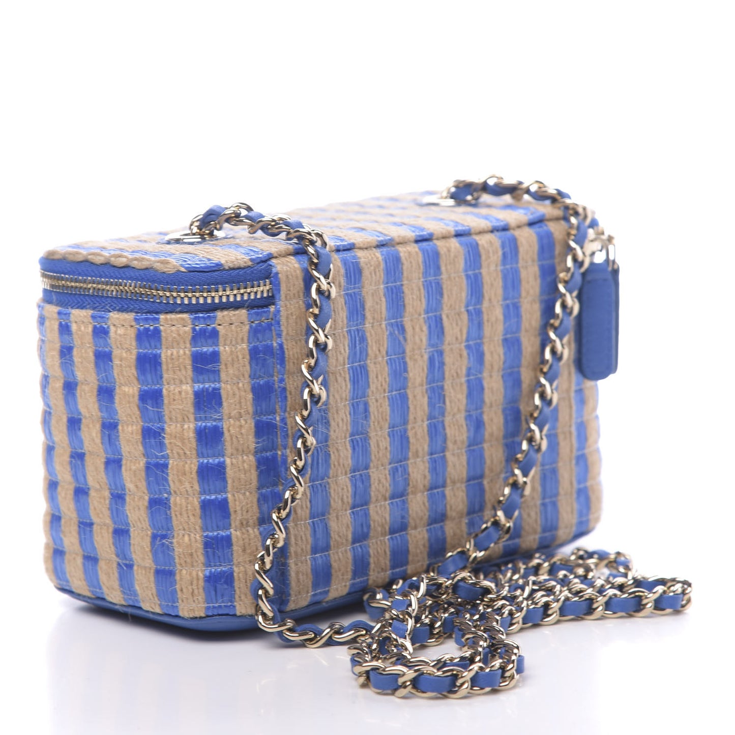 Raffia Jute Striped Small Vanity Case With Chain Blue Beige
