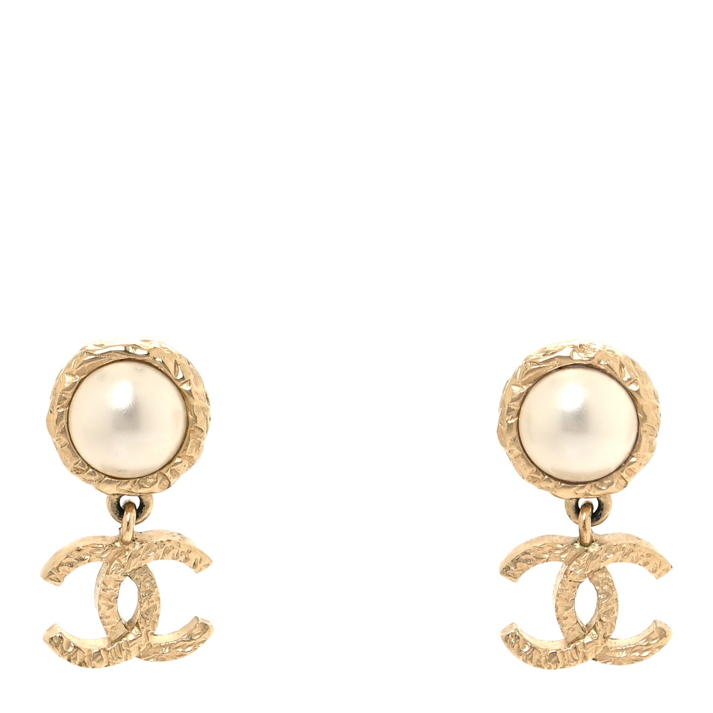 Pearl Hammered CC Drop Earrings Gold Pearly White