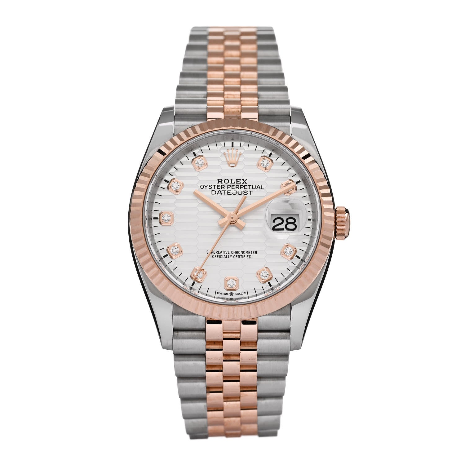 Rolex Stainless Steel 18K Everose Gold Diamond 36mm Oyster Perpetual Datejust Watch Silver Fluted 126231 1 of 5