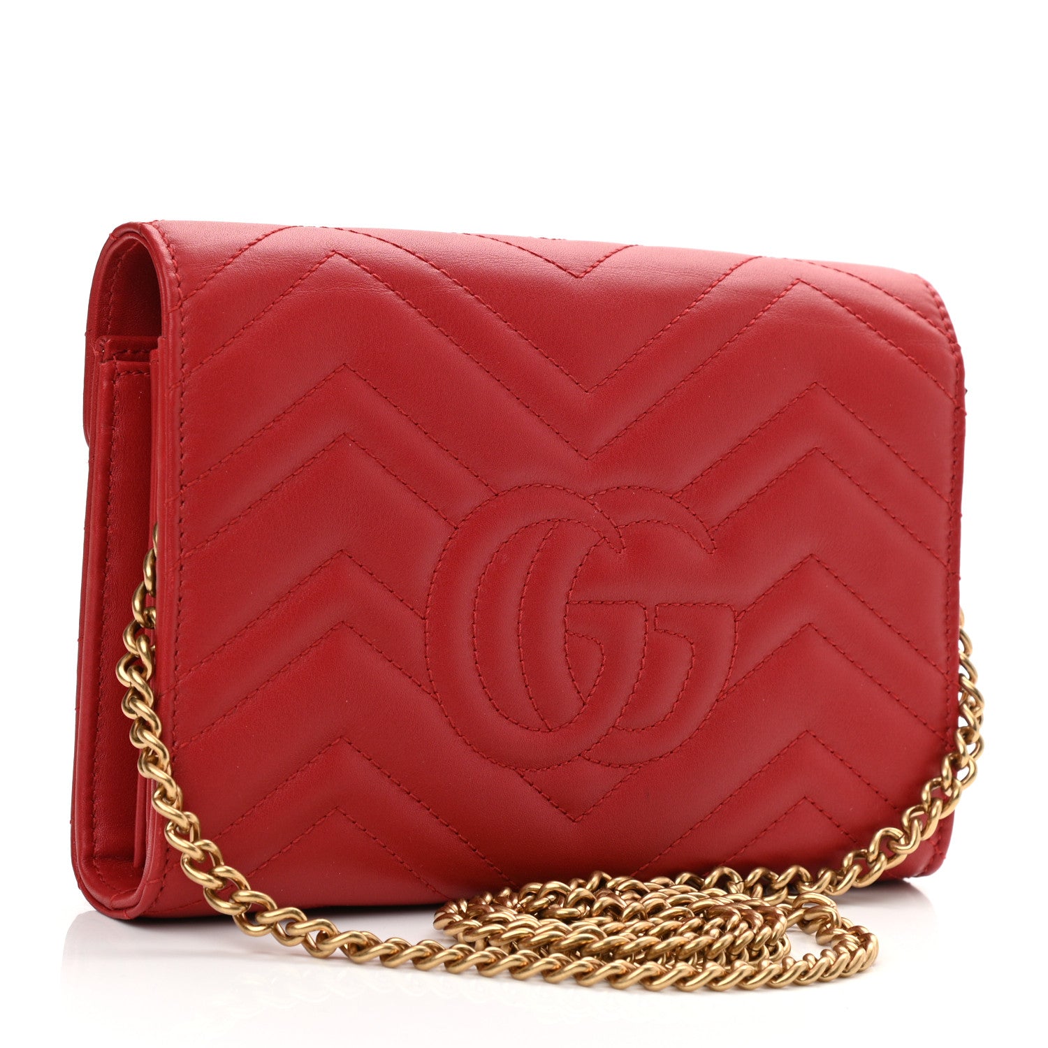 Gucci Calfskin Matelasse GG Marmont Chain Wallet Hibiscus Red 3 of 10