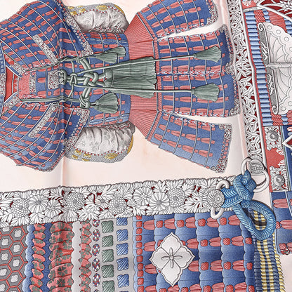 Hermes Silk Parures de Samourais Scarf 90 Rose Poudre Kaki Blue Jean 5 of 5