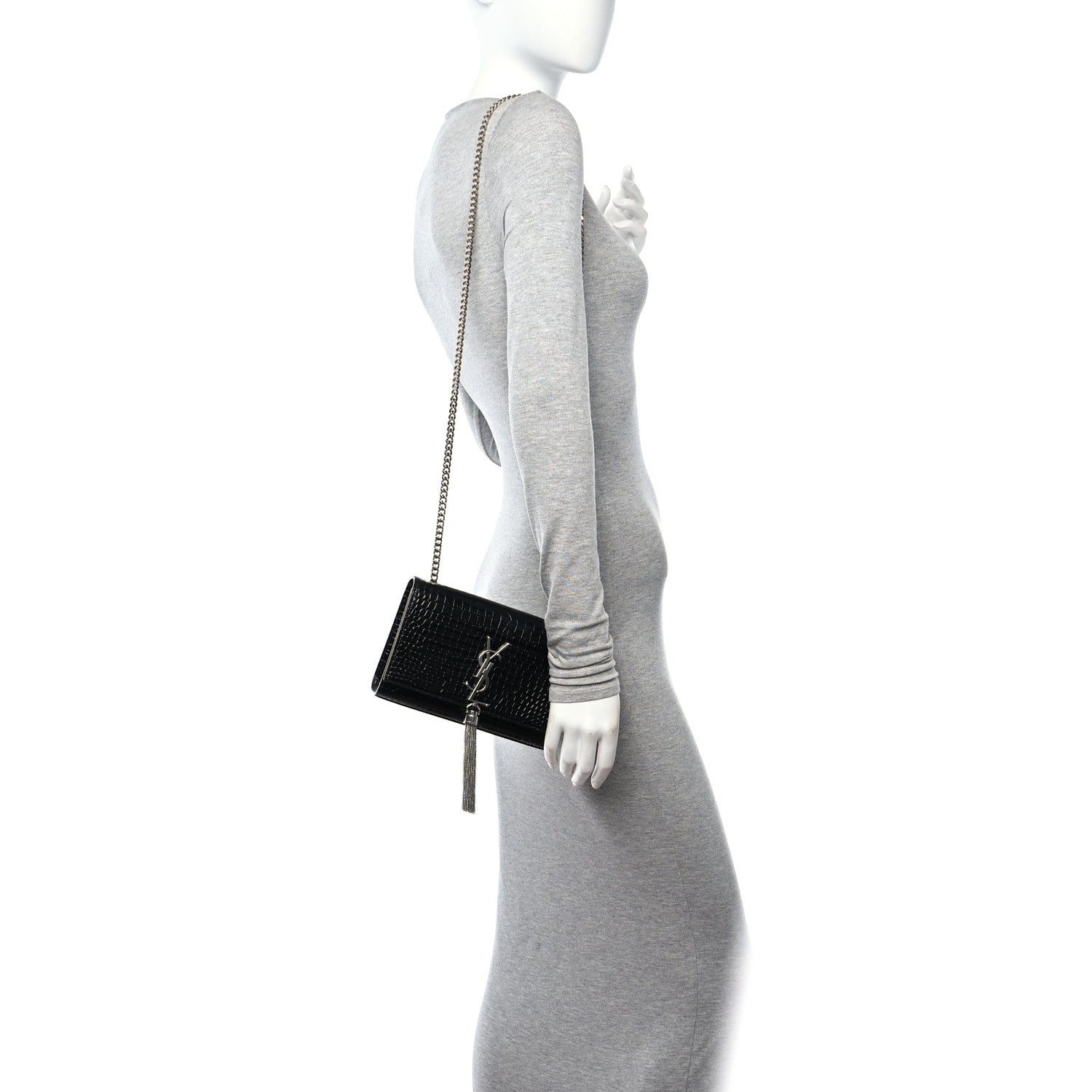 Saint Laurent Calfskin Crocodile Embossed Small Classic Monogram Kate Tassel Satchel Black 2 of 12