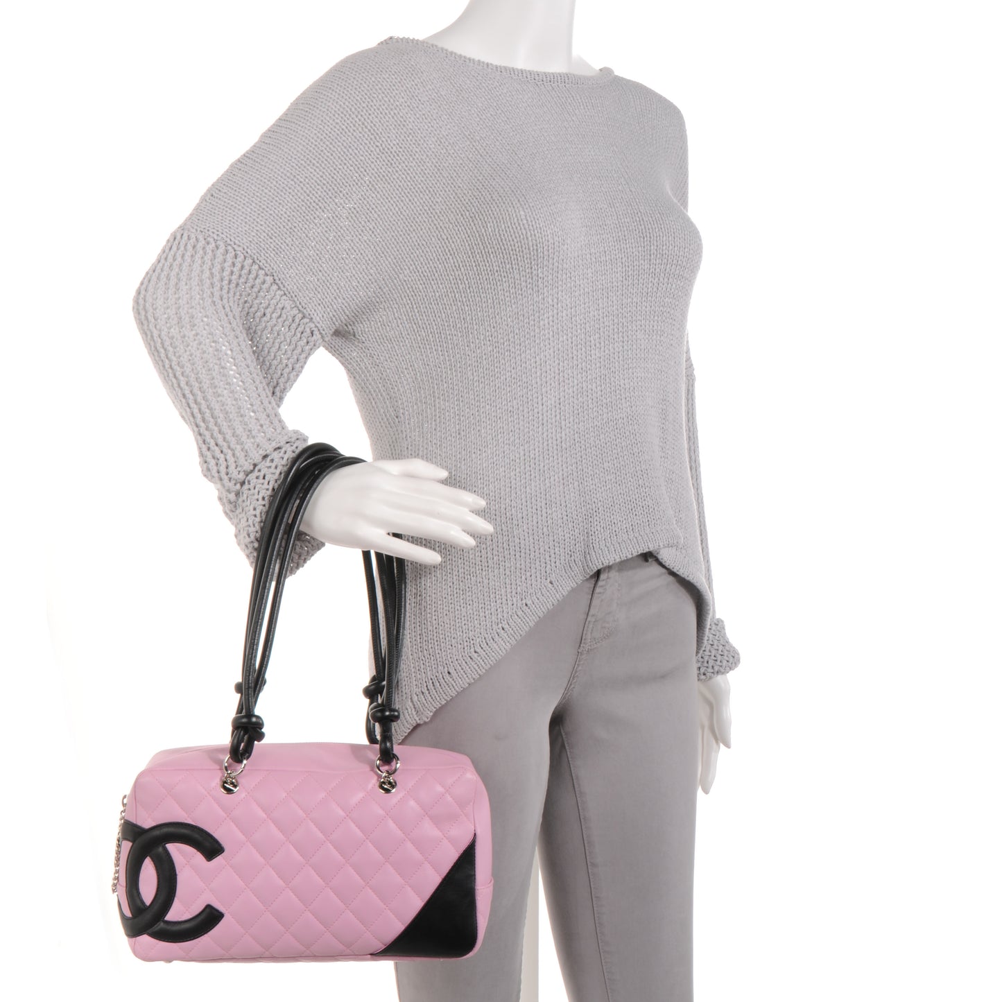 Calfskin Quilted Large Cambon Bowler Pink Black