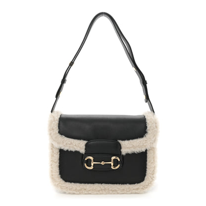 Gucci Sakai Be Green Calfskin Shearling Horsebit 1955 Shoulder Bag Black 1 of 11