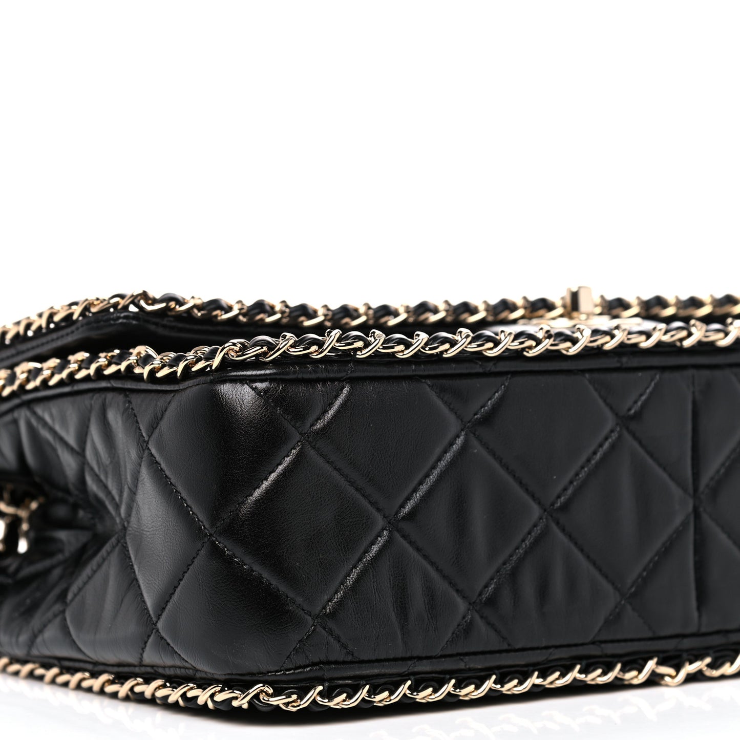 Crumpled Calfskin Quilted Large Chain All Over Flap Bag Black