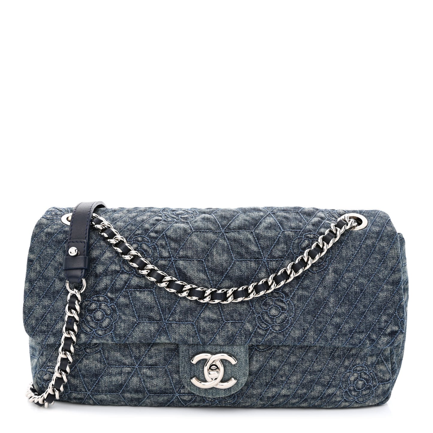 Denim Quilted Camellia Embroidered Large Flap Blue