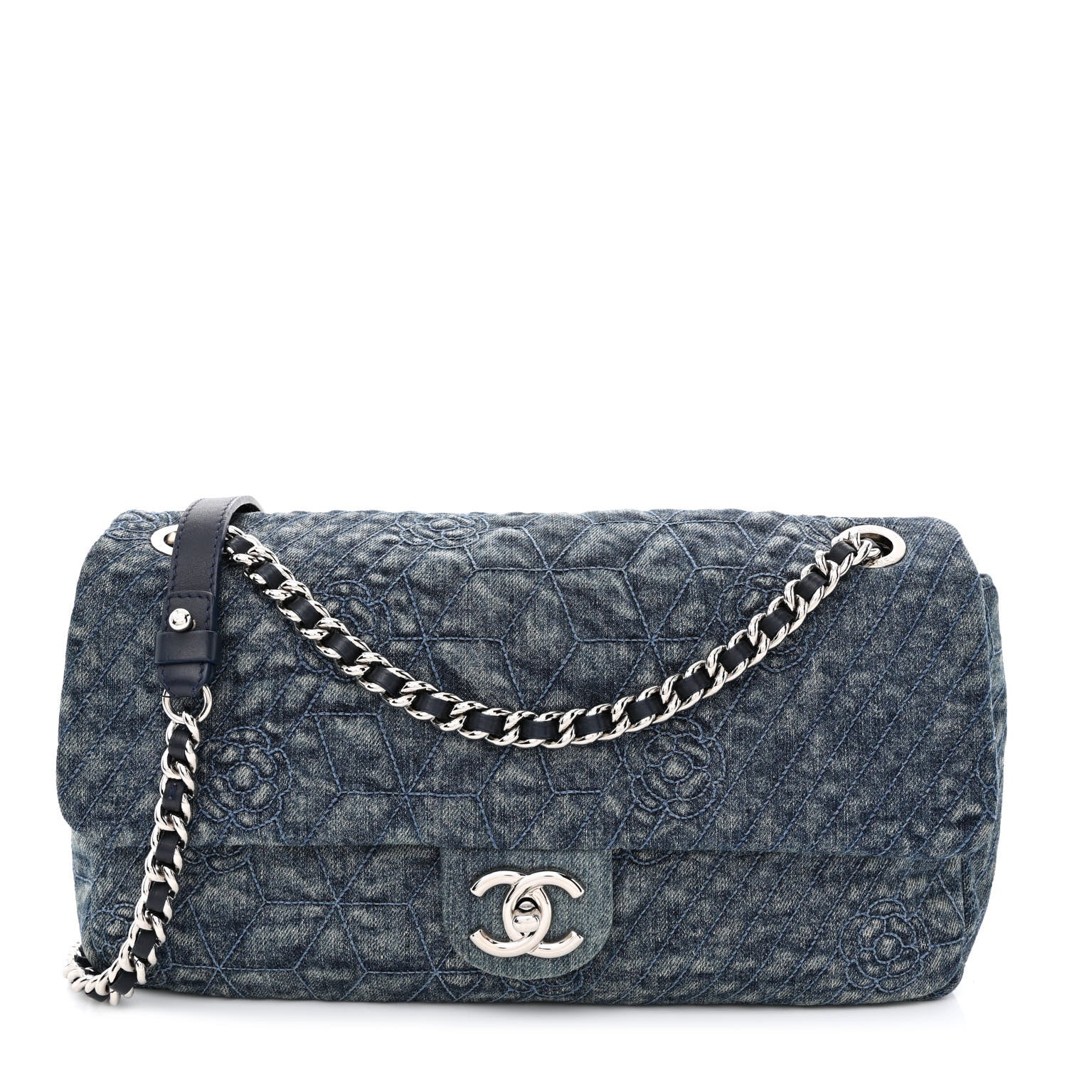 Chanel Denim Quilted Camellia Embroidered Large Flap Blue 1 of 11