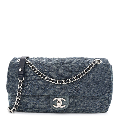 Chanel Denim Quilted Camellia Embroidered Large Flap Blue 1 of 11