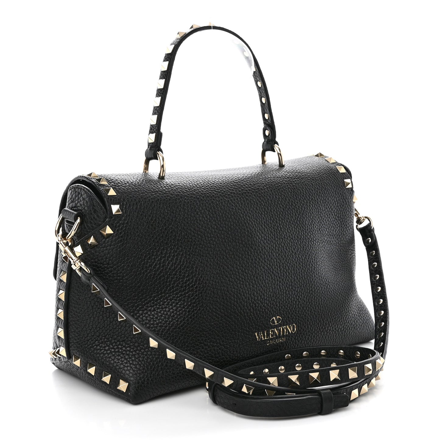 Pebbled Calfskin Rockstud Single Handle Flap Bag Black