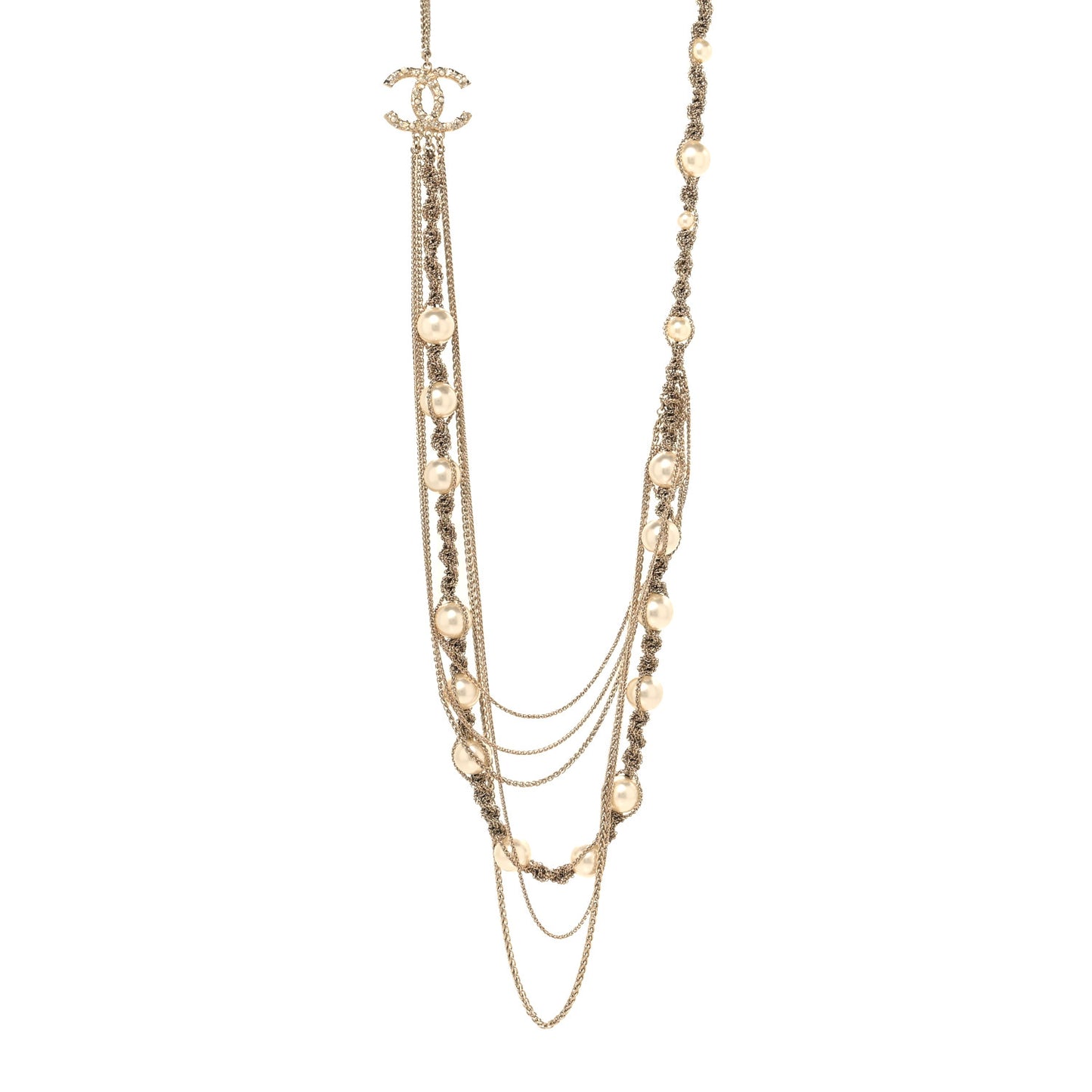 Pearl Multi Chain Braided Crystal CC Long Necklace  Gold
