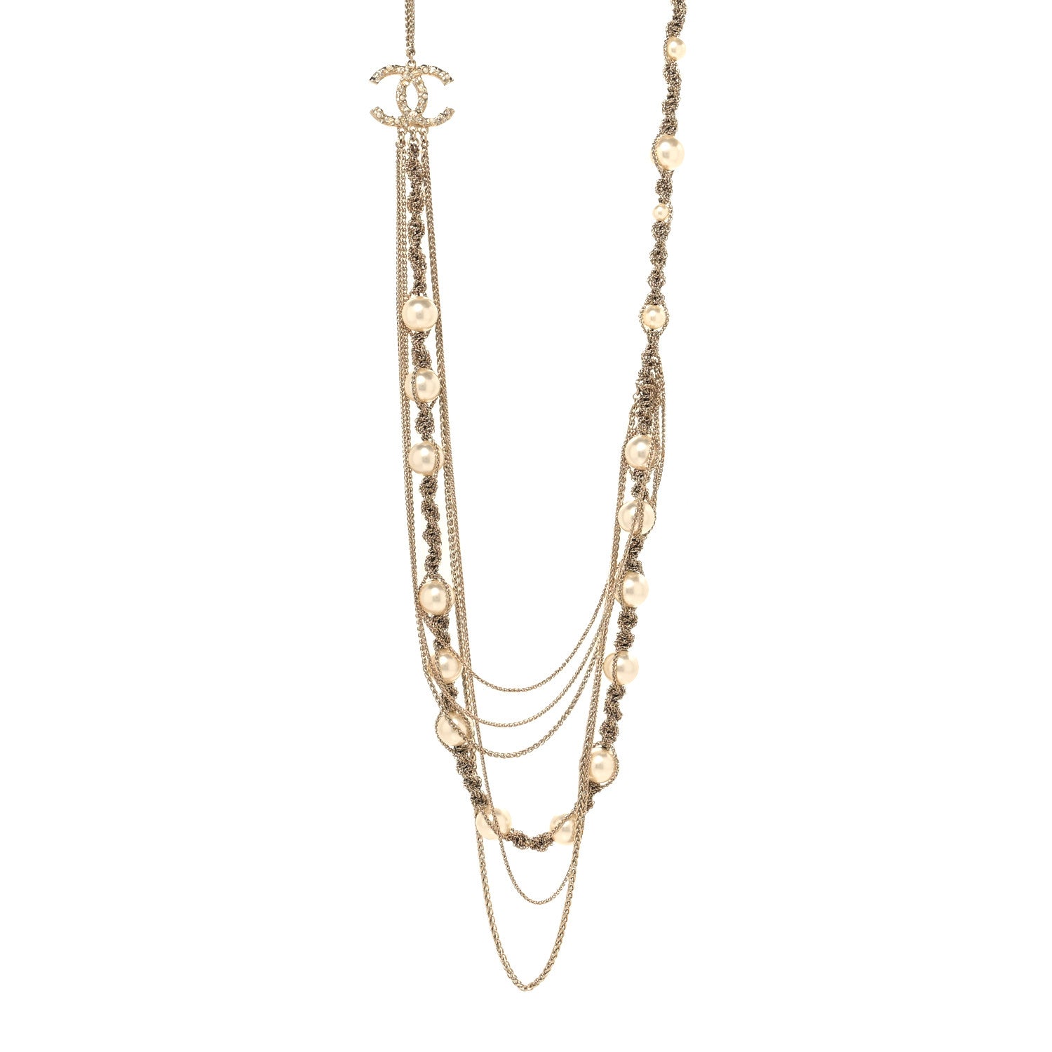 Chanel Pearl Multi Chain Braided Crystal CC Long Necklace  Gold 1 of 5