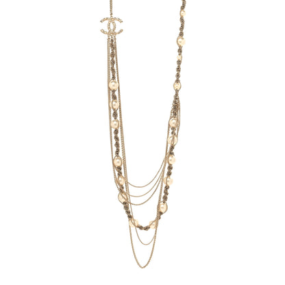 Chanel Pearl Multi Chain Braided Crystal CC Long Necklace  Gold 1 of 5