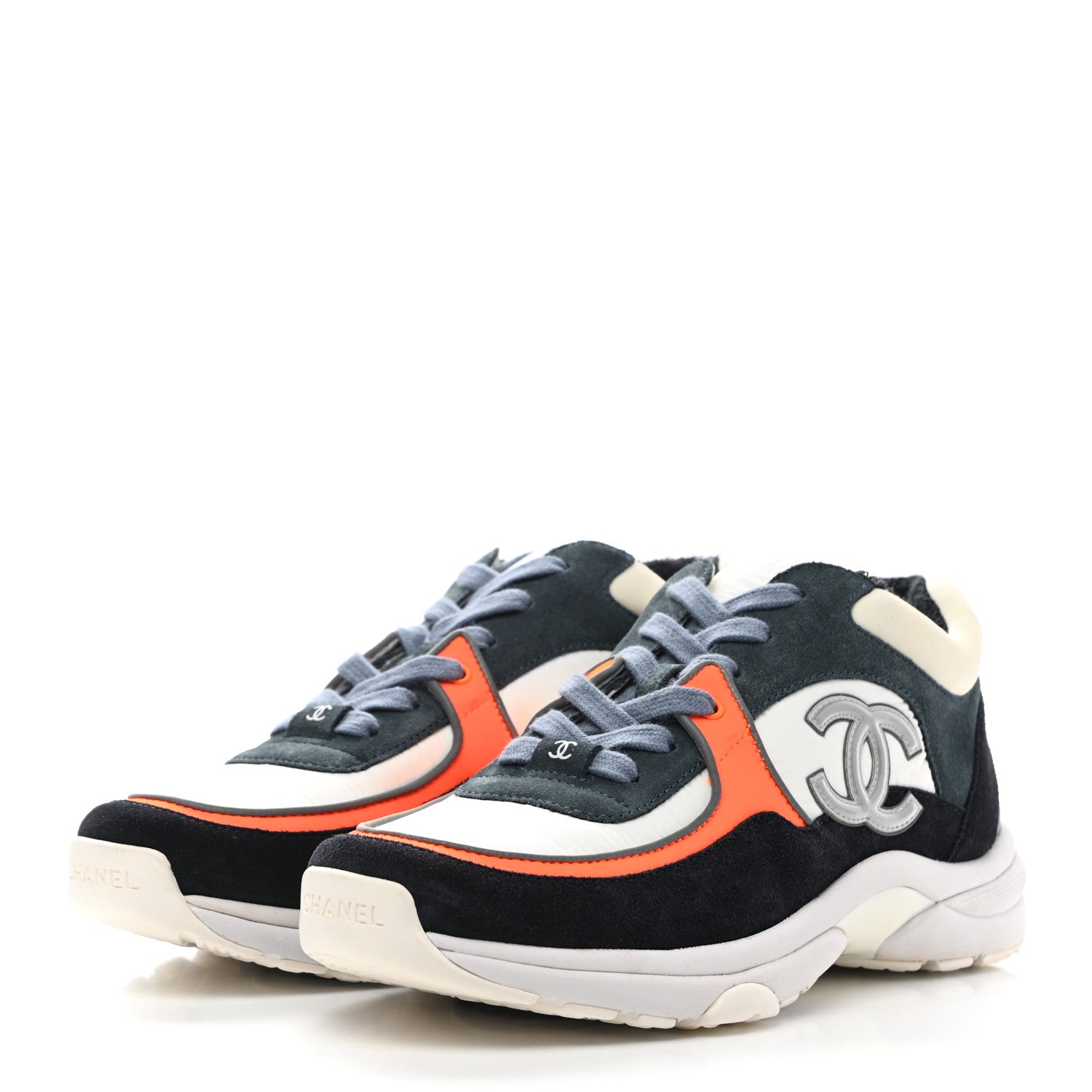 Chanel Nylon Calfskin Suede CC Womens Sneakers 38 Navy White Orange Black 3 of 7