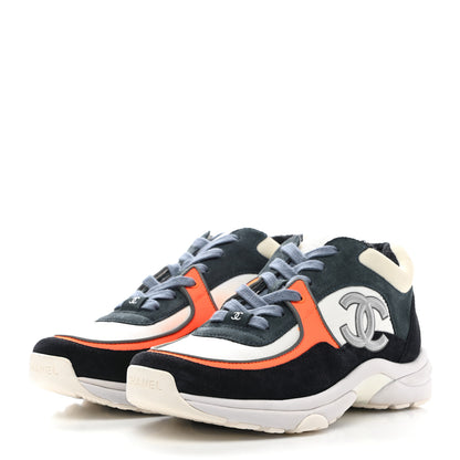 Chanel Nylon Calfskin Suede CC Womens Sneakers 38 Navy White Orange Black 3 of 7