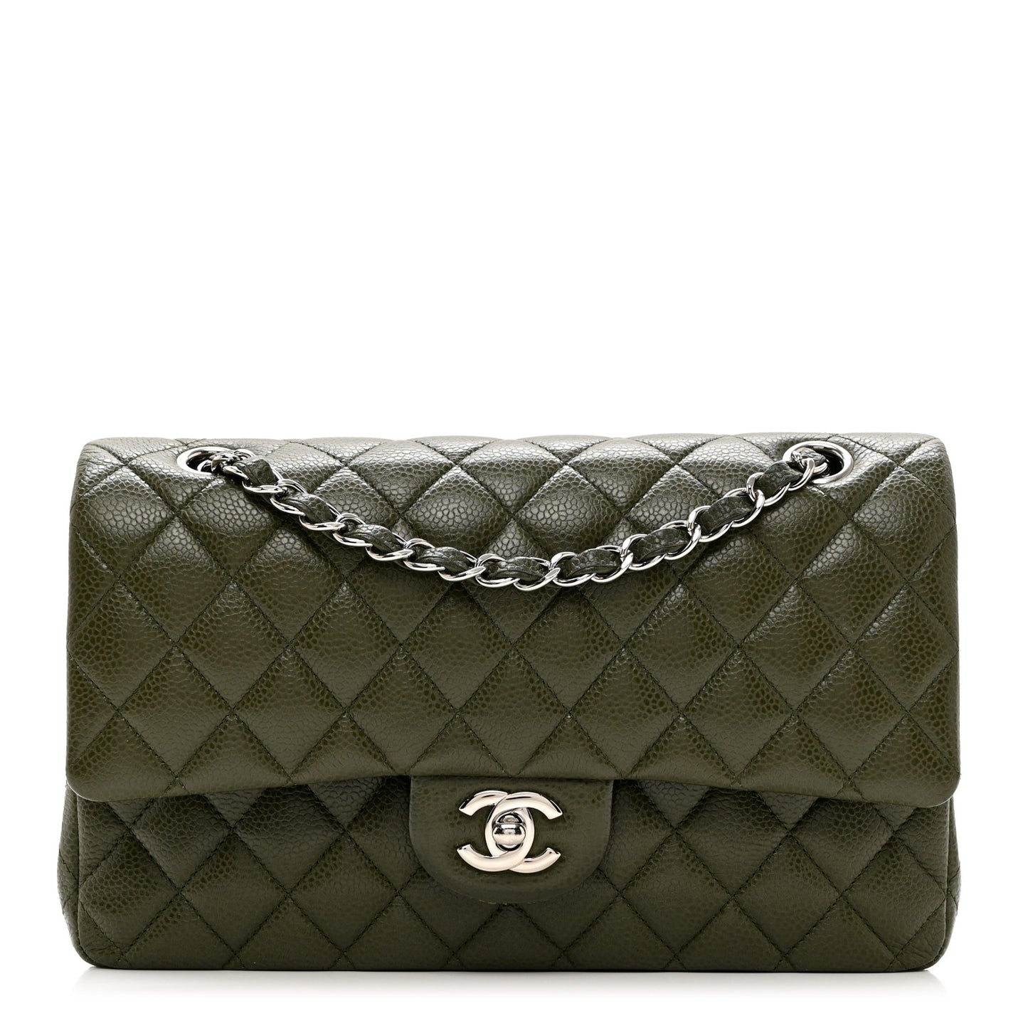 Caviar Quilted Medium Double Flap Dark Green