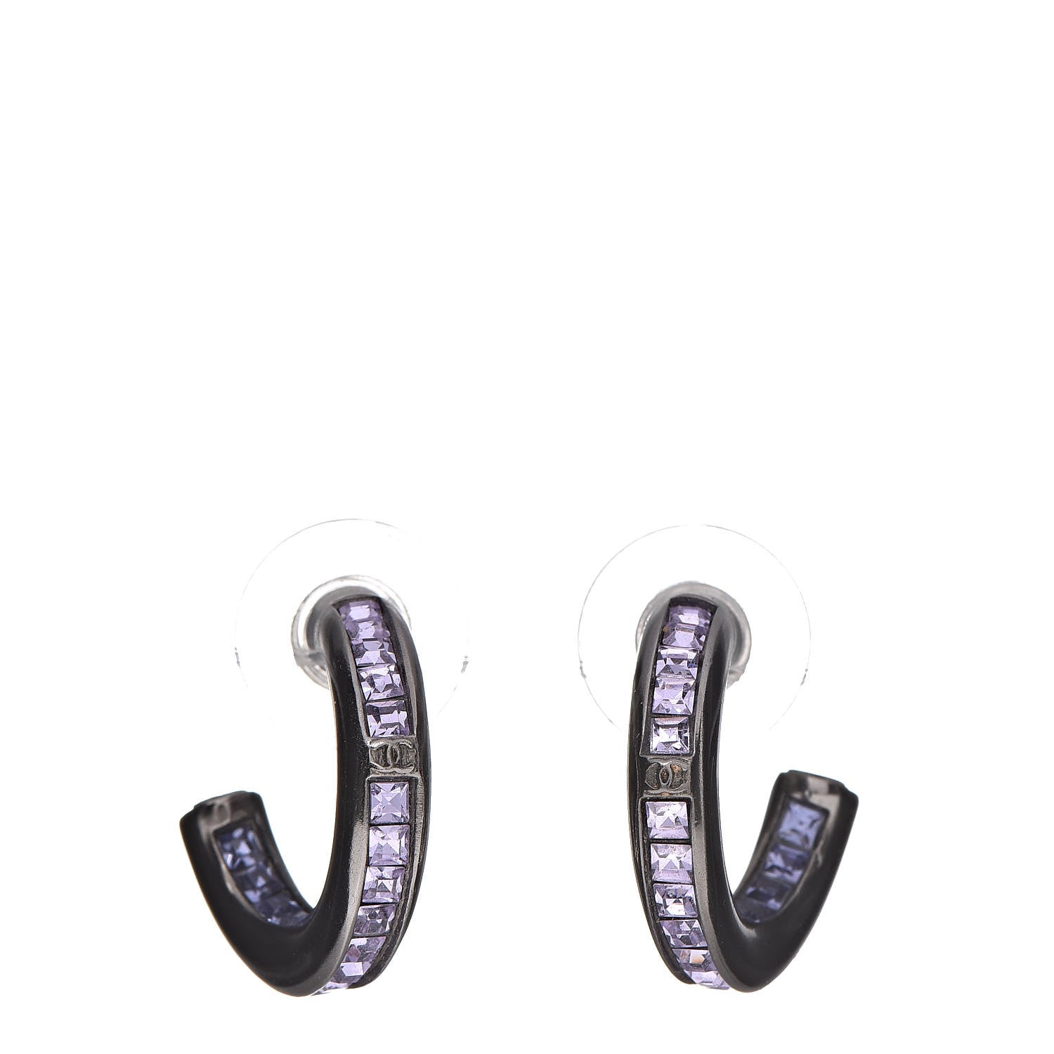 Chanel Crystal Baguette CC Hoop Earrings Purple 1 of 4