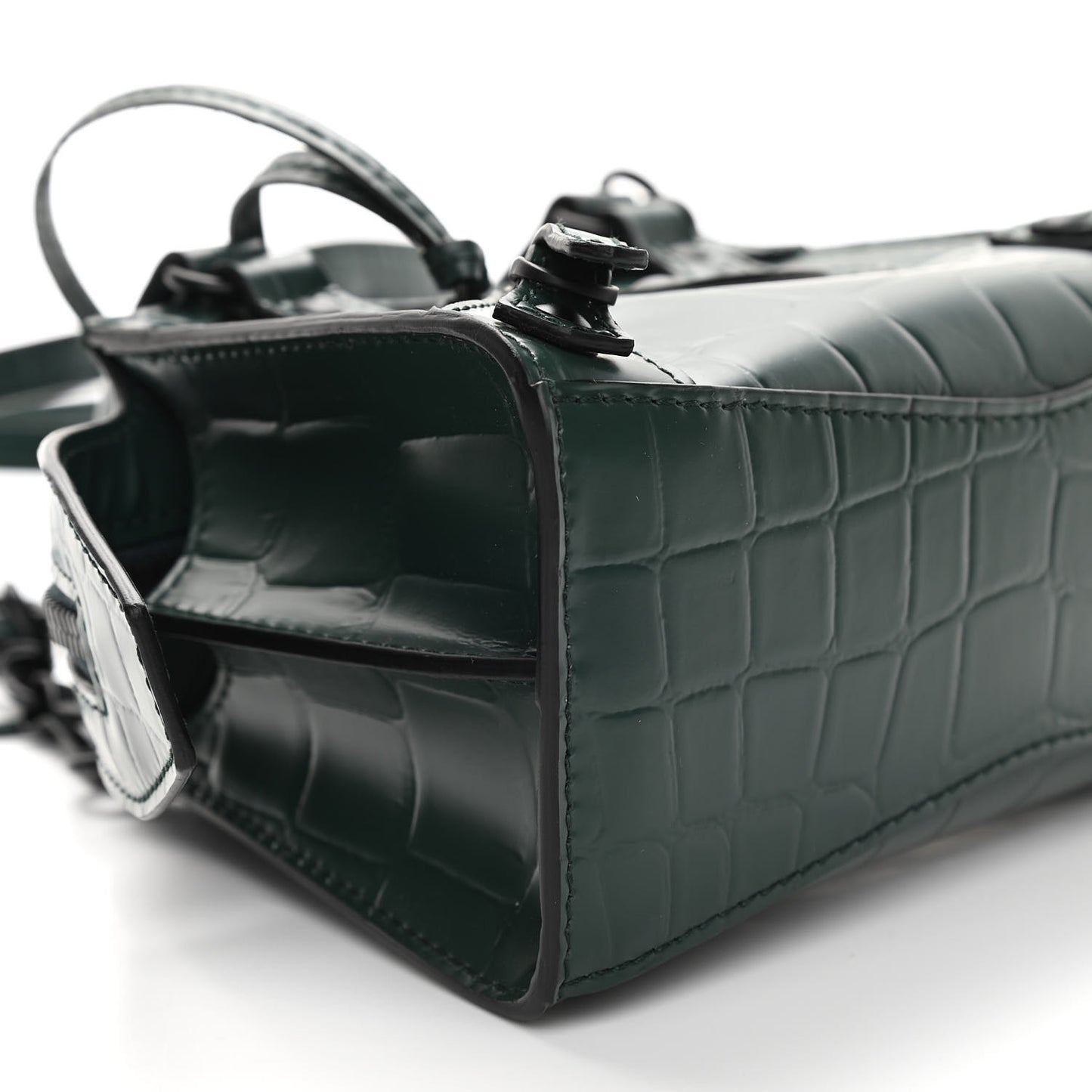 Semi Shiny Calfskin Crocodile Embossed Neo Classic Black Hardware Nano City Crossbody Forest Green