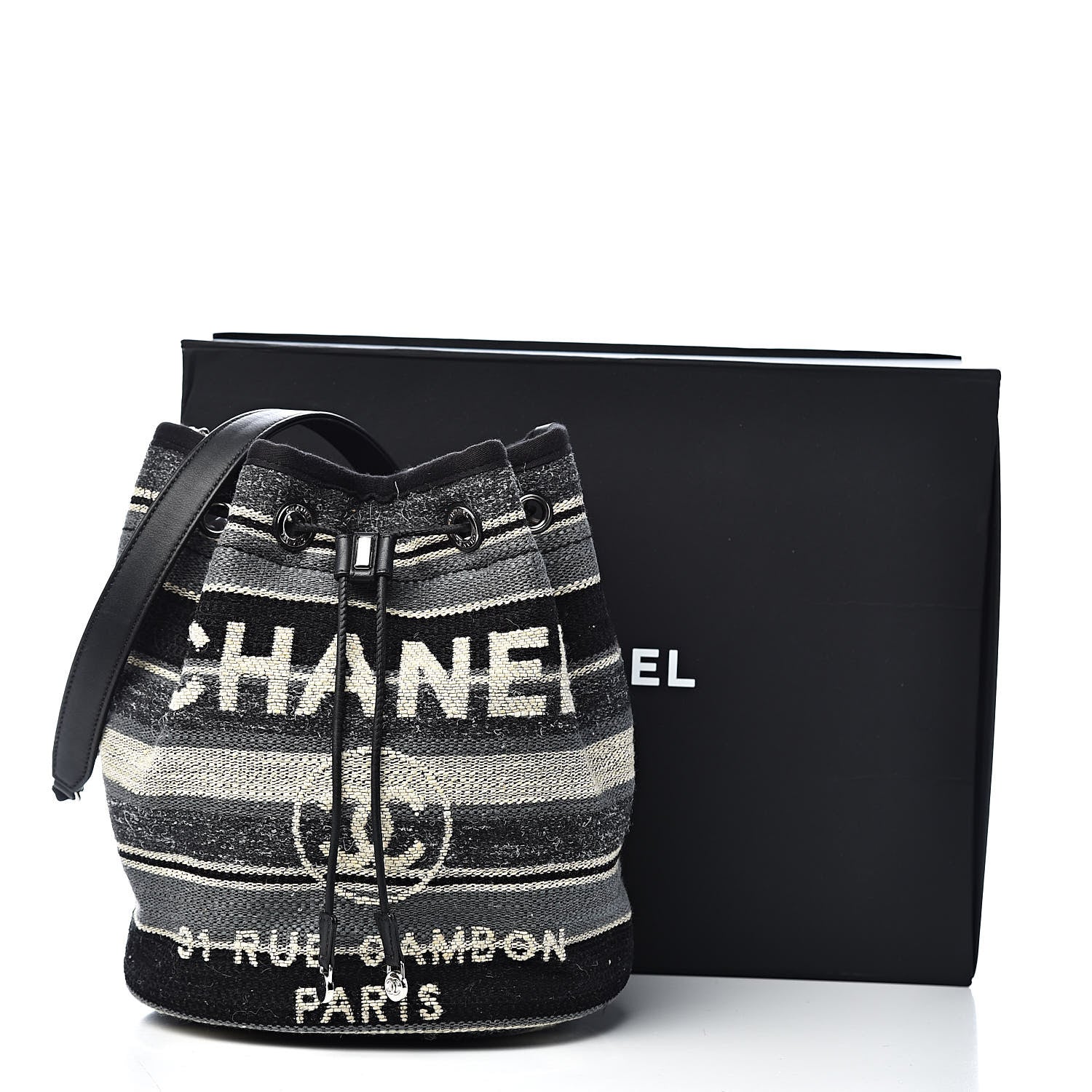 Chanel Striped Canvas Deauville Drawstring Bag Grey Black 11 of 11