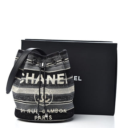 Chanel Striped Canvas Deauville Drawstring Bag Grey Black 11 of 11