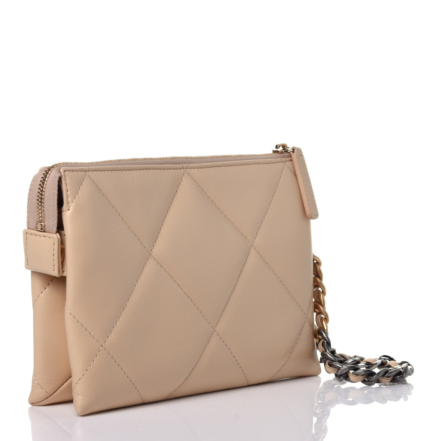 Shiny Goatskin Quilted Chanel 19 Small Pouch With Handle Beige