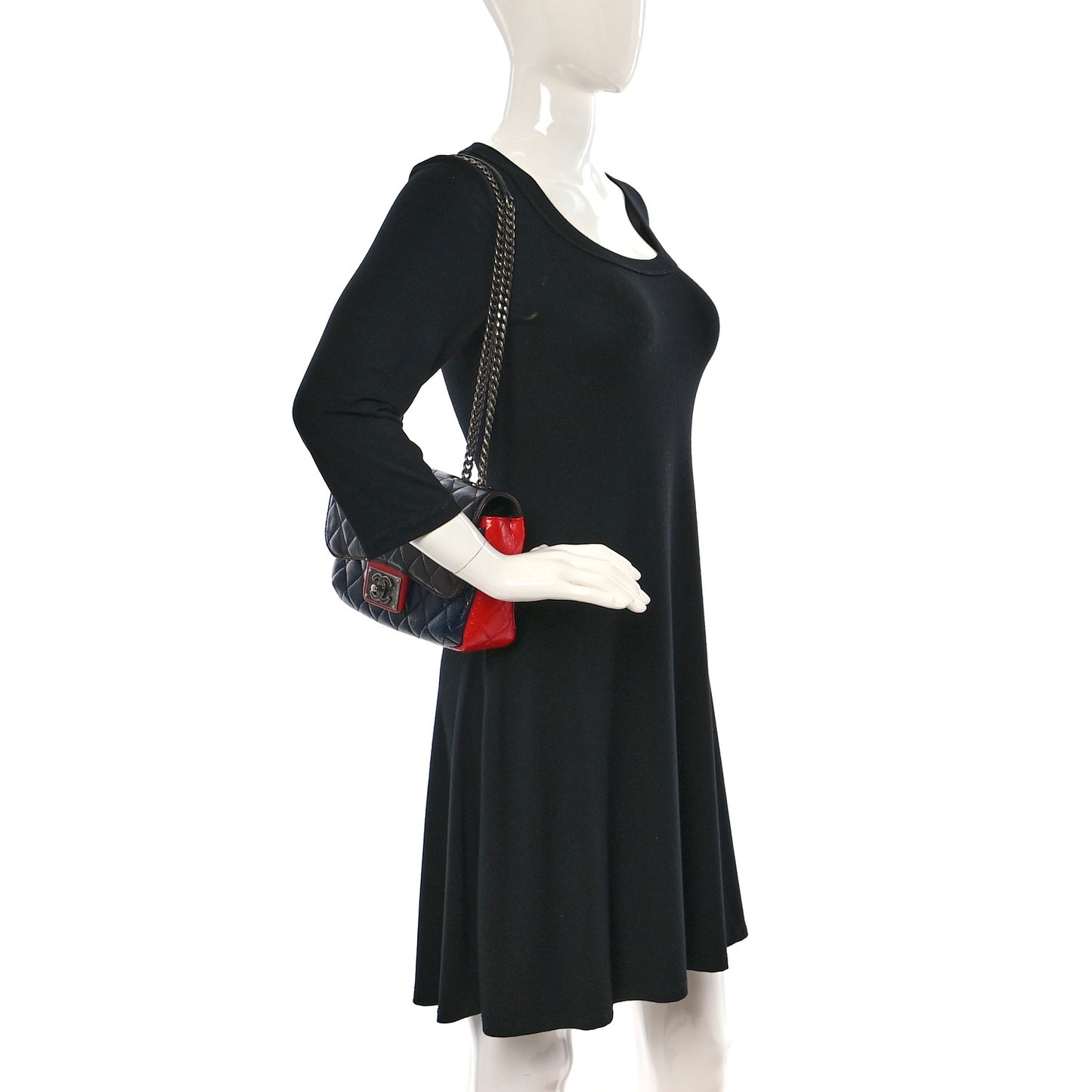 Shiny Goatskin Quilted Tri-Color Flap Black Red Navy
