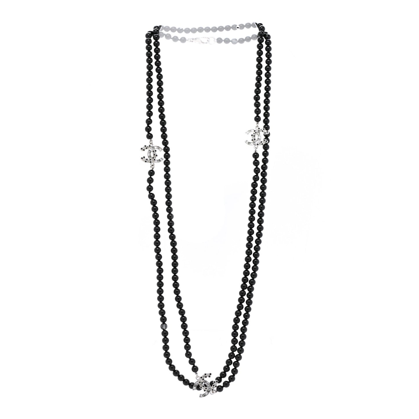 Ruthenium Crystal Baguette Pearl Beaded CC Long Necklace Black Grey
