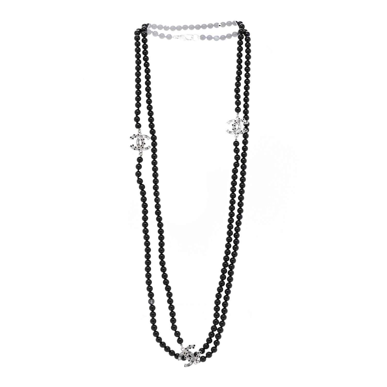 Chanel Ruthenium Crystal Baguette Pearl Beaded CC Long Necklace Black Grey 3 of 6