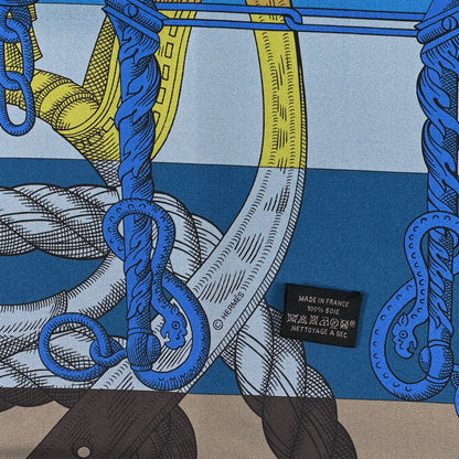 Hermes Silk Double Face Della Cavalleria Finesse Scarf 90 Bleu Gold Taupe 3 of 5