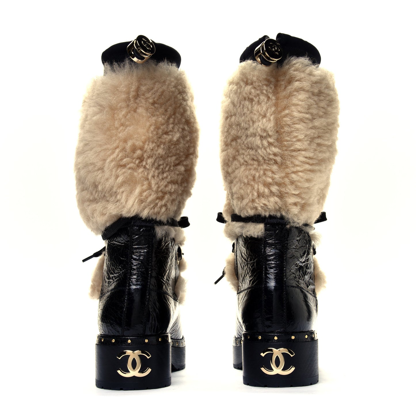 Patent Shearling Lace Up Boot 37 Black