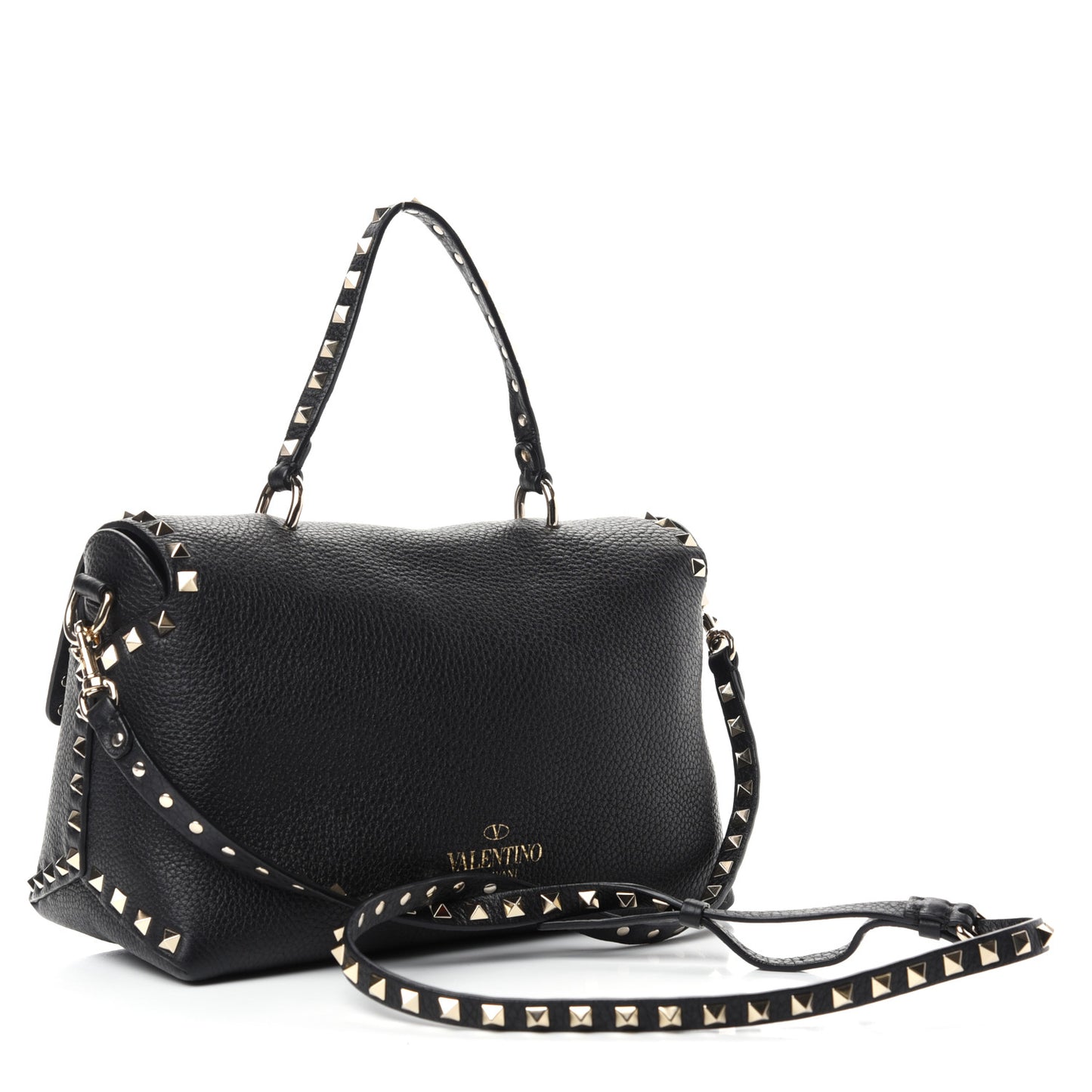 Pebbled Calfskin Rockstud Single Handle Flap Bag Black