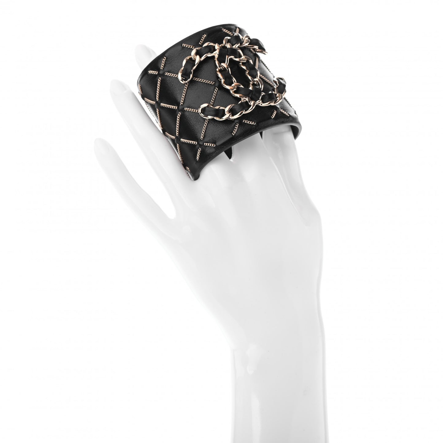 Lambskin Chain Stitched CC Cuff Bracelet M Black Gold