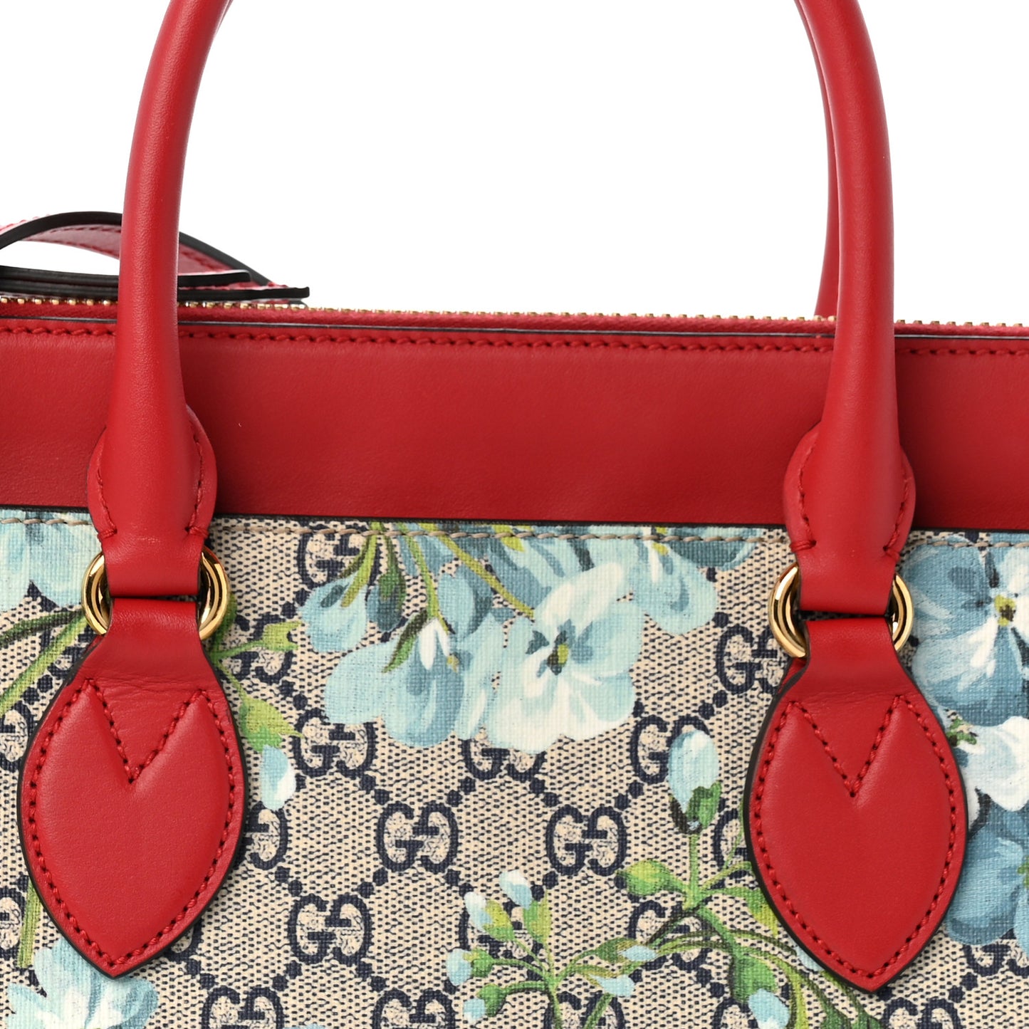 GG Supreme Monogram Blooms Small Zip Top Tote Beige Blue Navy Hibiscus Red