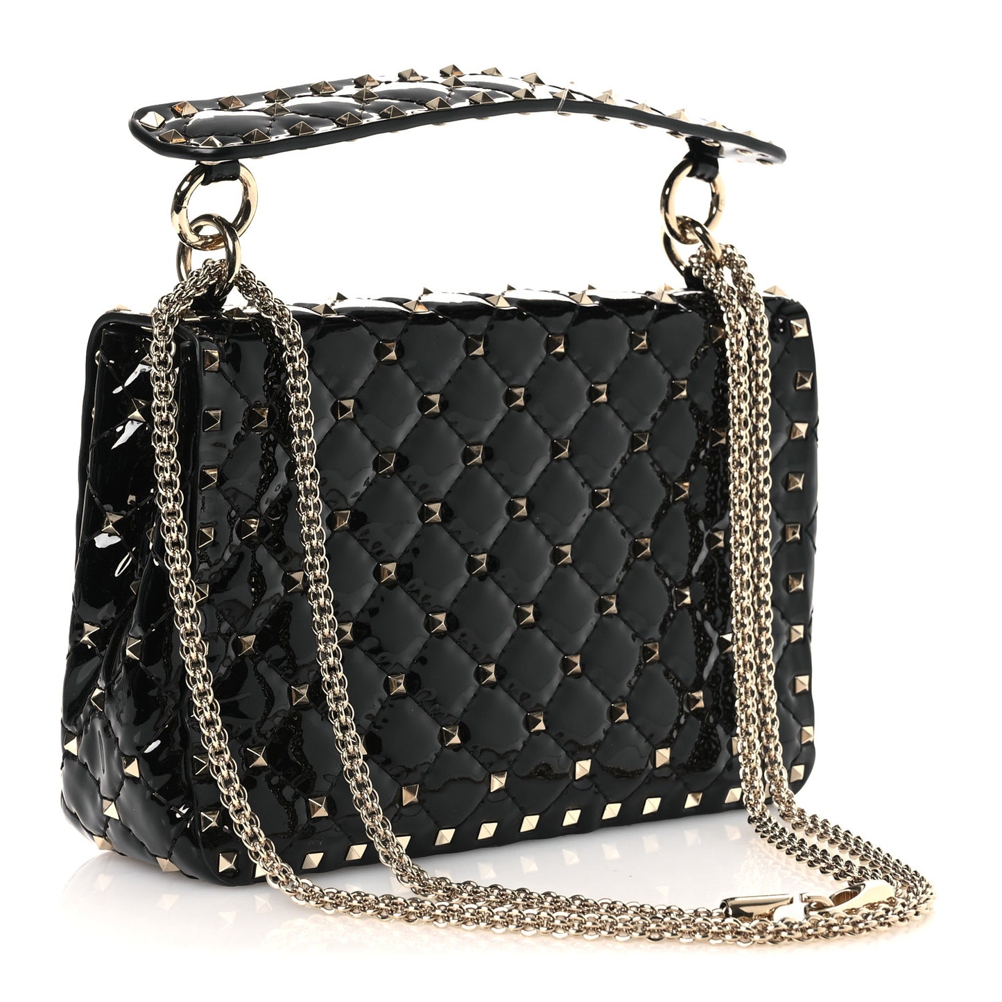 Patent Medium Rockstud Spike Shoulder Bag Black