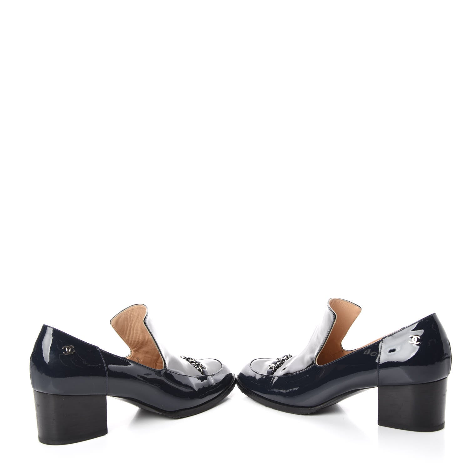 Chanel Patent Chain Loafers Pumps 38.5 Navy 6 of 14