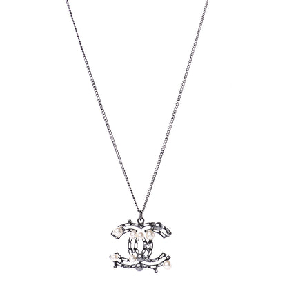 Chanel Pearl Crystal Beaded CC Necklace Silver 1 of 5