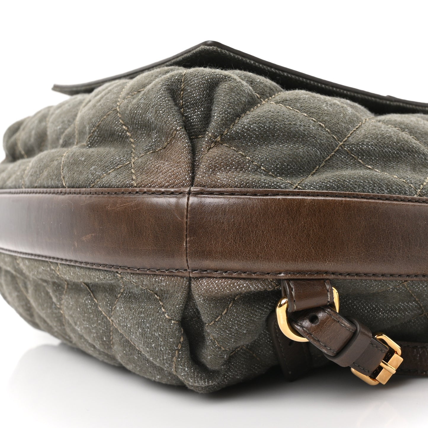 Denim Calfskin Quilted Backpack Olive Green Brown